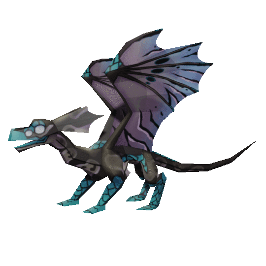 animated PS1 render of my flight rising progen. a four-eyed black dragon with teal scale details