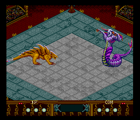 Two reptilian creatures, a quadrupedal yellow lizard and a bright purple naga with a cyborg top half, face off.