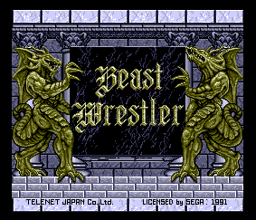 An intricately designed title screen featuring two draconic beings flanking the 'Beast Wrestler' title.