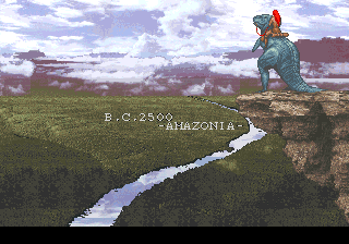 BC 2500: Amazonia. A redheaded person sits mostly naked on a dinosaur.