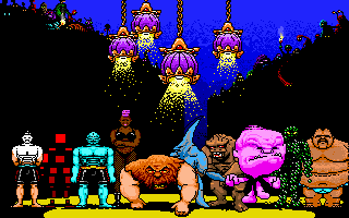 A lineup of fighting game characters, displayed in garish DOS pixel art colours. from left to right they appear to be: the jack in the box ice cream man; tron-type character made of red boxes; blue man who is just jack in the box ice cream man with his chest stretched; black woman in a bikini and fishnets with pink hair; shaggy-haired white caveman-type down on their knuckles; shark furry; king kong(?); angry neon pink bubble-headed man; person made out of green gumballs; and last but certainly not least, the titular fat man. he has medium brown skin and a mustache.