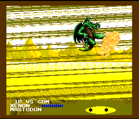 xenon versus mastodon, with a flying kick to finish off the latter. the background is janky-looking yellow stripes.