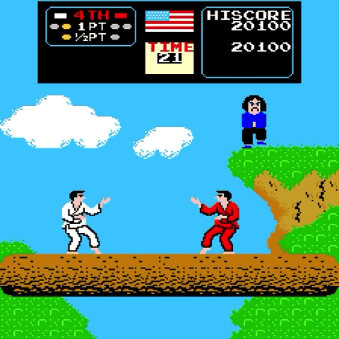 An animated GIF of two karate folks fighting. A very sad man is scoring them.
