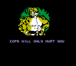a muscular cheetahman saying cops will only hurt you. they have chest surgery scars